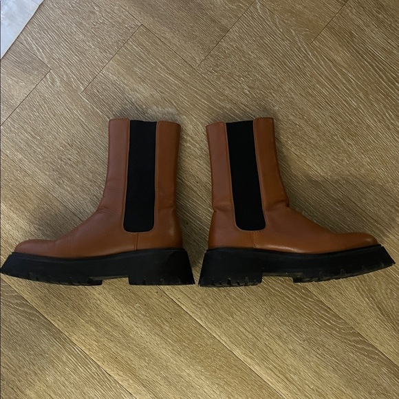 Zara Leather Lug Sole Chunky Ankle Chelsea Combat Boots Cognac Brown Black 37 - Picture 7 of 13